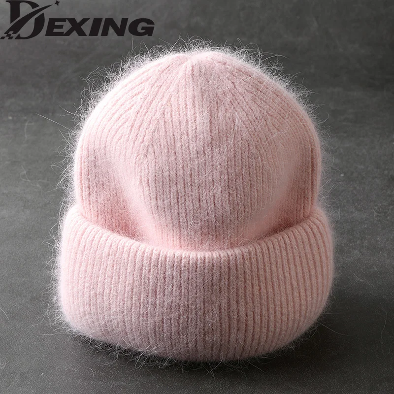 

2021 Fashion Fabbit Fur Soft Warm Fluffy Winter Hat for women Angora Knitted Hat skullies beanies Female bonnet woman knit Cap