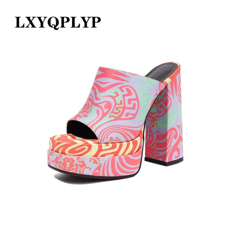 New Women's Sandals Summer Qulaity Chunky High Heels Platform Black  Shoes Dress Party Lady Designer Women Slippers