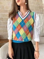 2022 fall winter fashion women sweater vest oversized houndstooth plaid knitted sweater vest y2k pullover sleeveless 90s vintage
