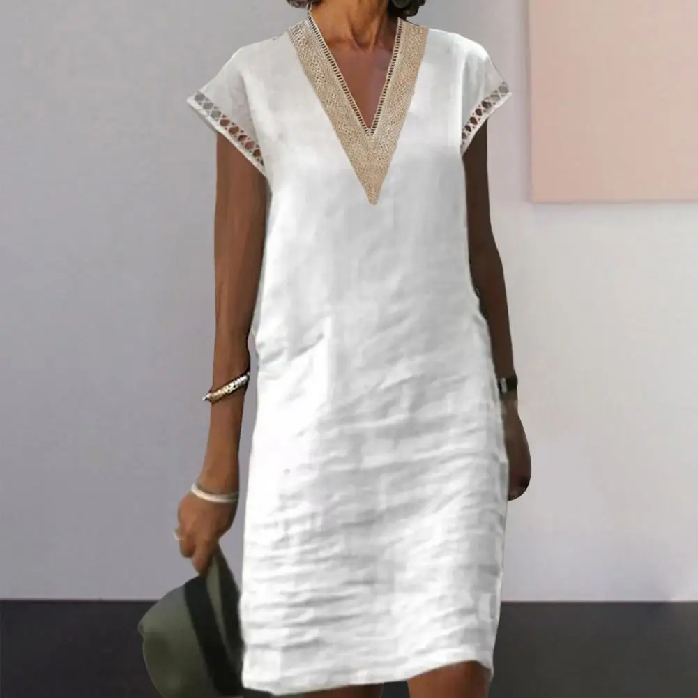 

Women Midi Dress Lace Solid Color V-neck Hollow Out Knee Length Dress-up Short Sleeves Breathable Lady Summer Dress Female Garme