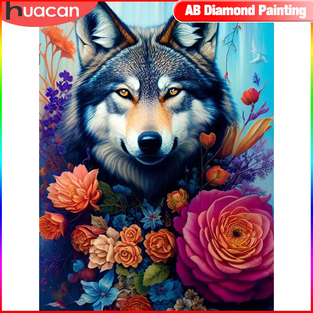 

HUACAN 5D DIY AB Diamond Painting Animal Wolf Full Square Round Mosaic Flower Needlework Wall Art Decor For Home