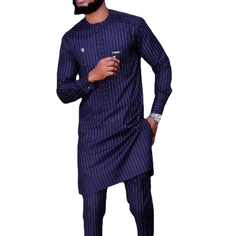 Ramadan Eid Muslim Fashion Men Suit Arabia Dubai Long Sleeve Kaftan Middle East Two Piece Sets Striped Print Islamic Clothing
