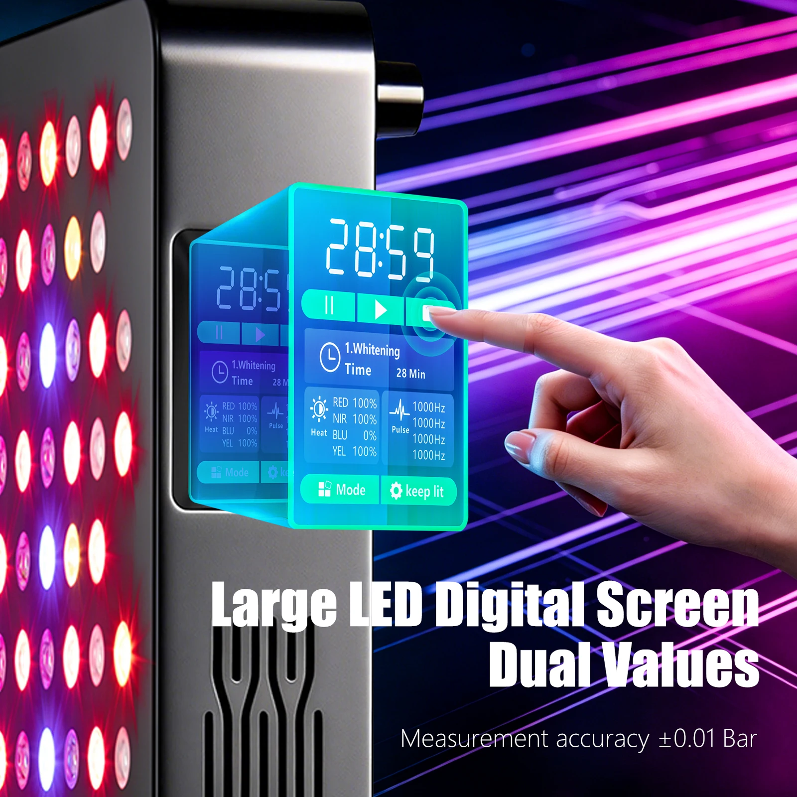 Фото Панель для красно-световой терапии Aura G Low EMF 1176 LEDS клинического класса с горизонтальной и вертикальной подставкой, устройство для домашней светотерапии №5