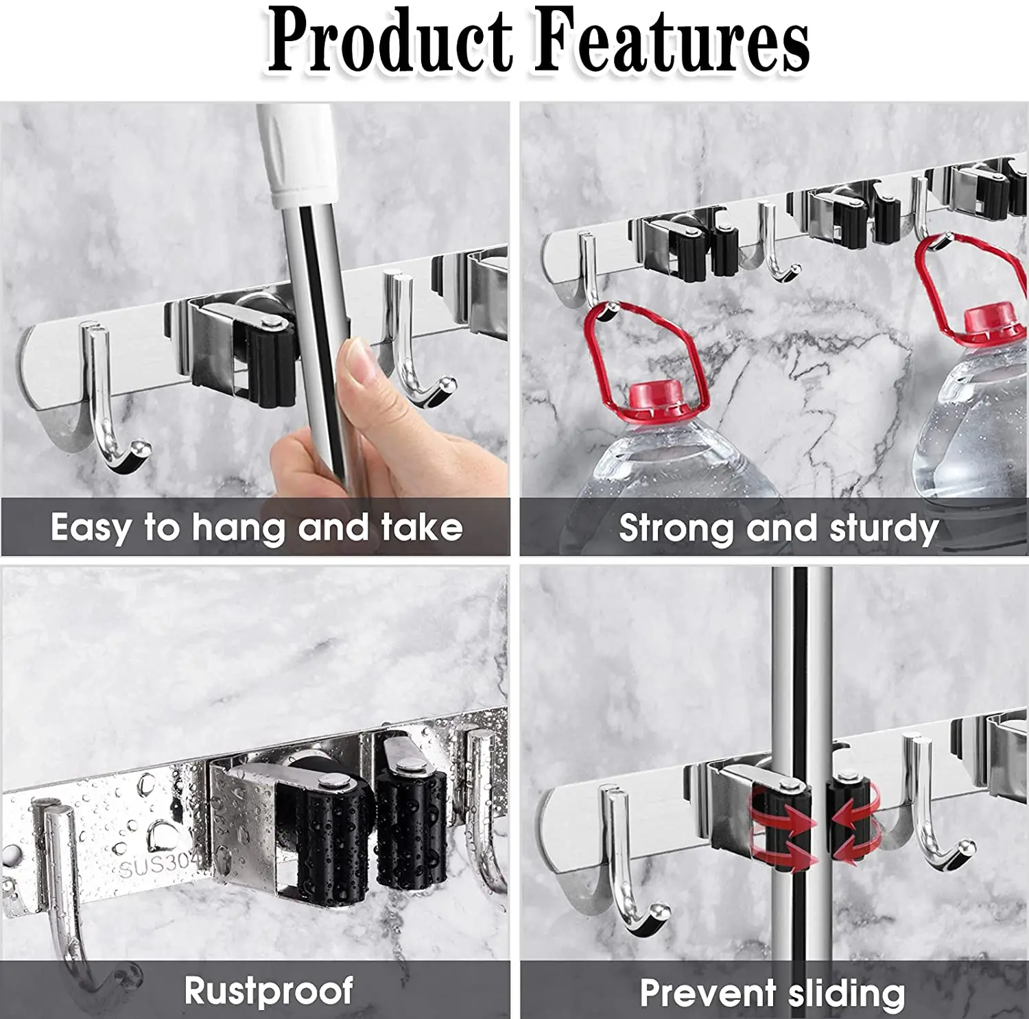 

3 Racks 4 Hooks Broom and Mop Holder Wall Mounted Garage Organizer Storage Tool Racks S Self Adhesive Solid Non-slip Wall Hanger