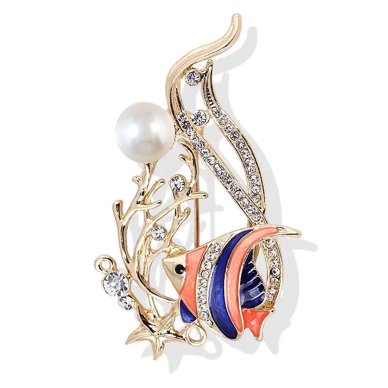 

TULX Pearl Fish Brooch Crystal Rhinestone Tropical Fish Brooches For Women Enamel Cute Animal Party Office Wedding Brooch Pins