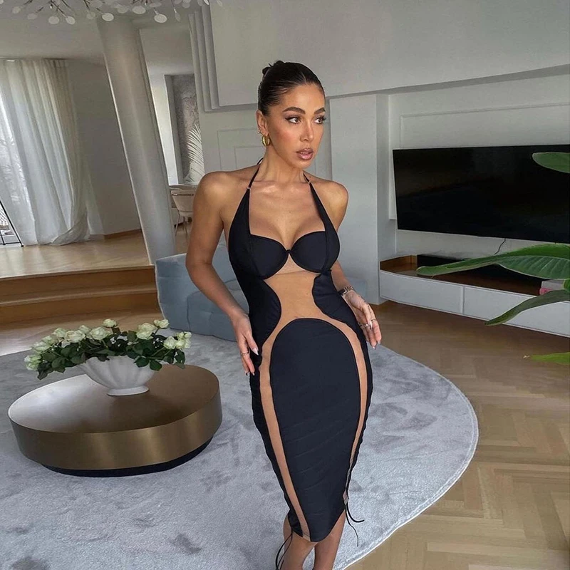 

Sexy Mesh See Through Patchwork Backless Belt Bodycon Midi Dress Women Summer 2022 Party Clubear Outfits Streetwear Sleeveless