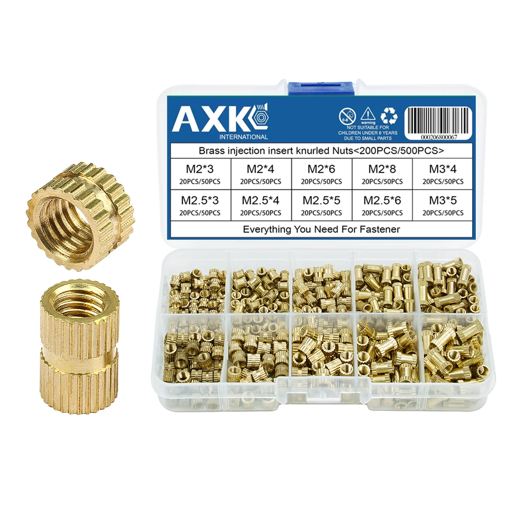 Набор латунных вставных гайки AXK 200/500 шт., набор вставок с внутренней резьбой, набор накатанных гаек в ассортименте, набор M2 M2.5 M3