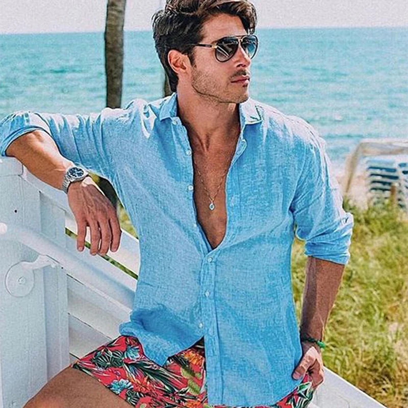 

Футболка мужская из хлопка и льна, свободный однотонный пуловер на пуговицах, Повседневная модная рубашка с длинным рукавом и отложным воро...