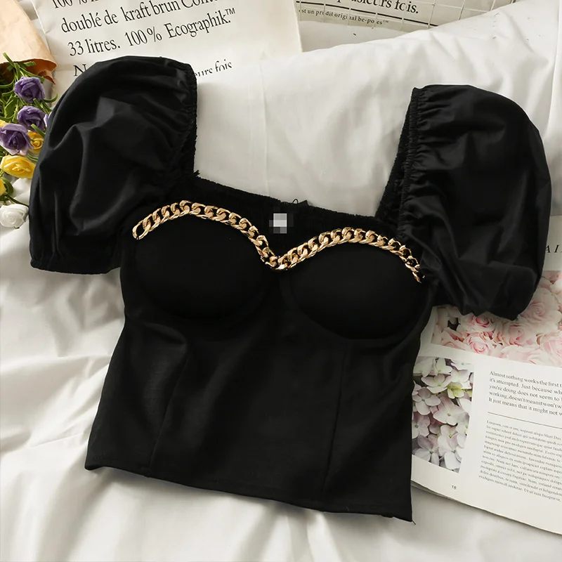 

Women Short Sleeve Blouse Korean Version Chain Square Collar Collarbone Puff Sleeve Tops Women's Summer Short Navel Shirt