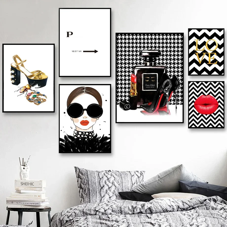 Модный логотип парфюм красные губы девушка сумка настенная Картина на холсте