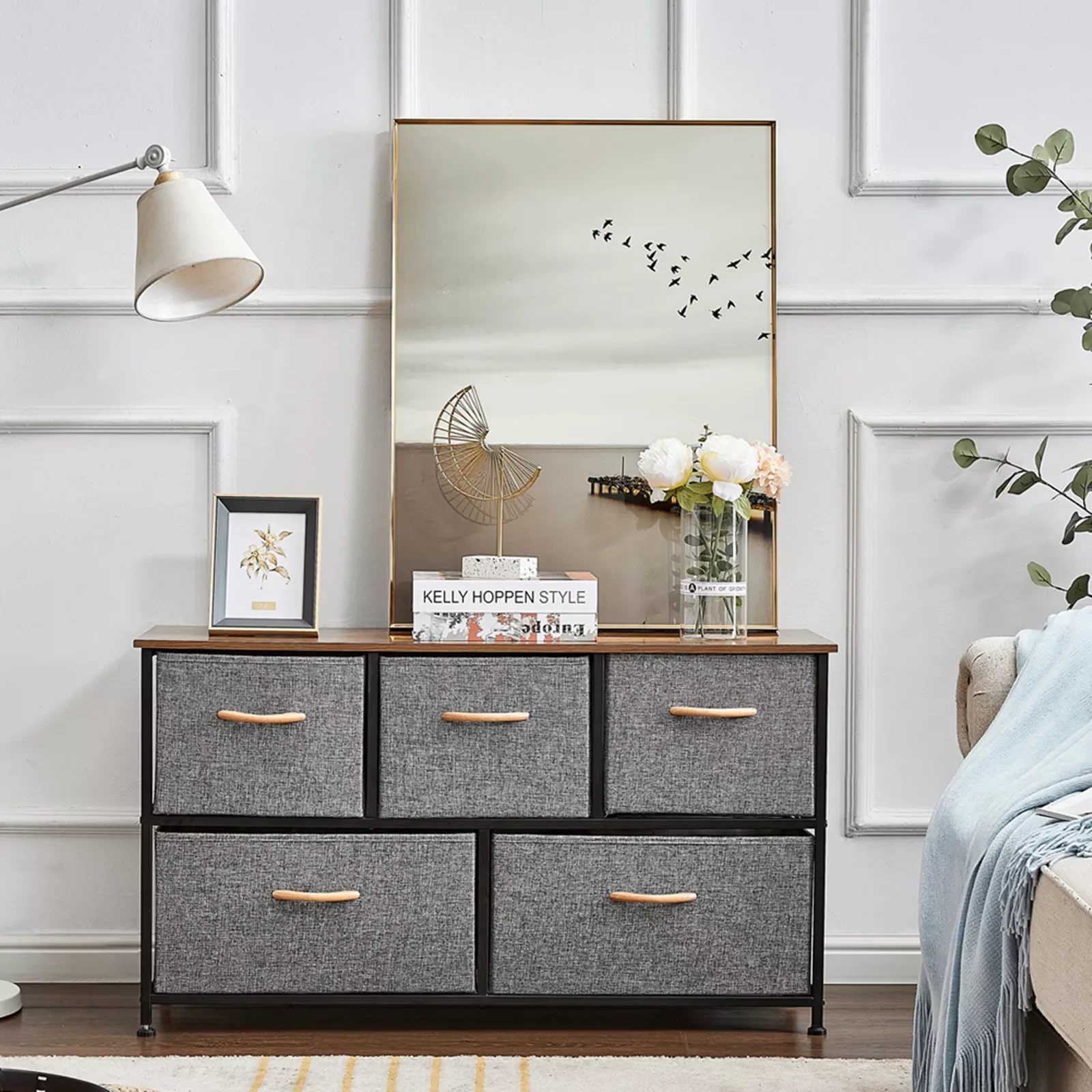 

5 Drawer Storage Cabinet Dresser Organizer Fabric Drawer Steel Frame Wood Top&Handles for Bedroom Hallway Entryway Closets