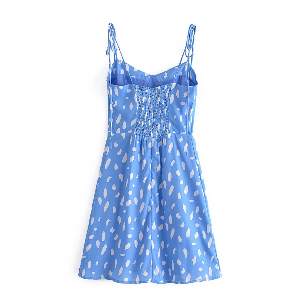 Женское платье на бретелях-спагетти голубое Бандажное в горошек с леопардовым