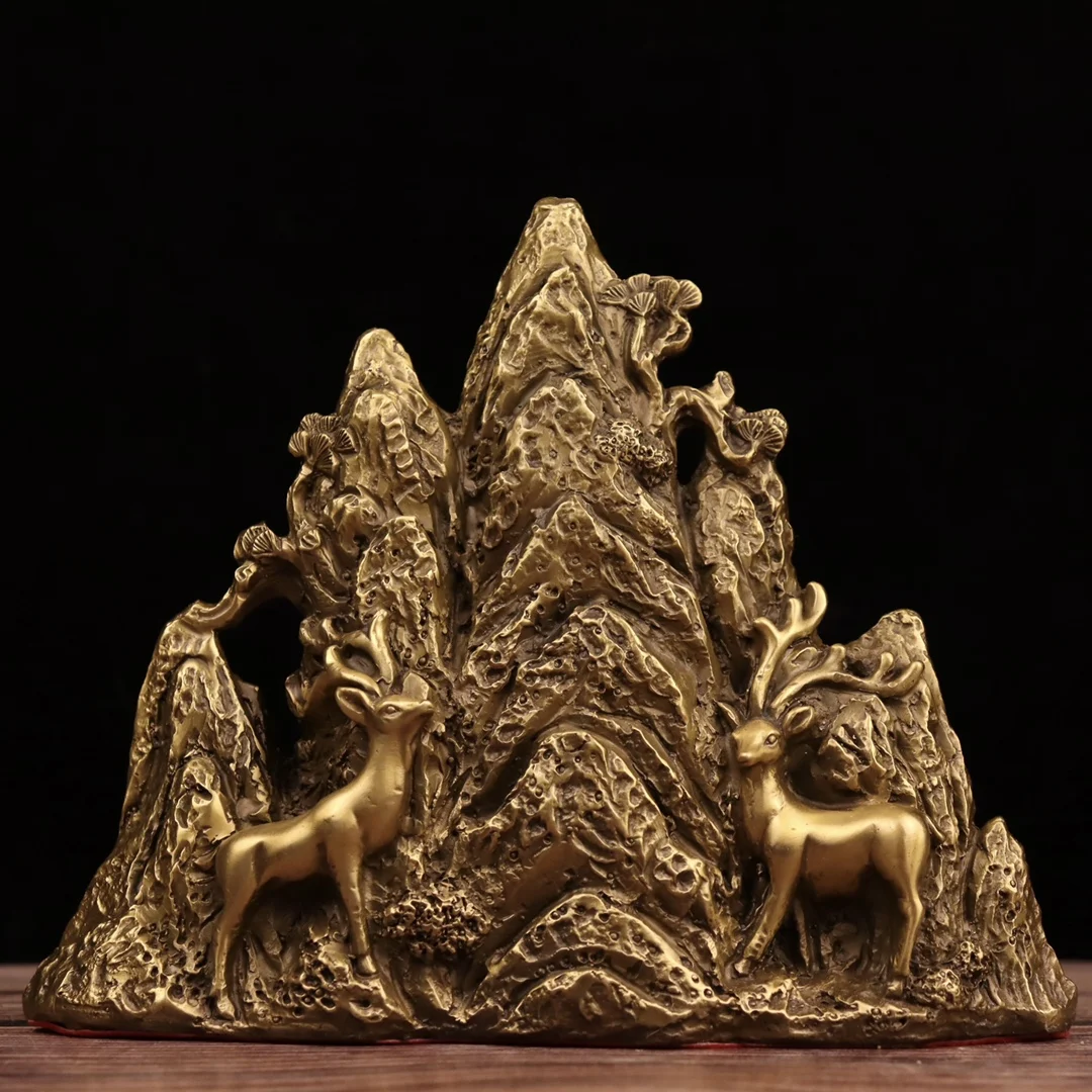 

High Quality Fine Engraving Chinese Brass Deer Mountain Sculpture ,Home Decor Animals Ornament