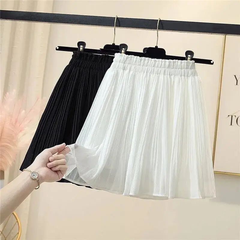 

Women's High Waist Stretch Mini Skirt Summer New Style Sweet and Cute Black White Pleated Skirt Student Fluffy Skirt E66