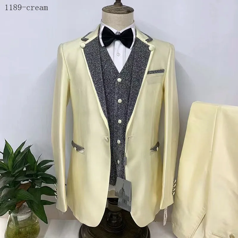 

2023 Fashion New Men Casual Boutique Business Host Performance Sequin Suit Three Piece Suit Sets Blazers Jacket Pants Vest Coat