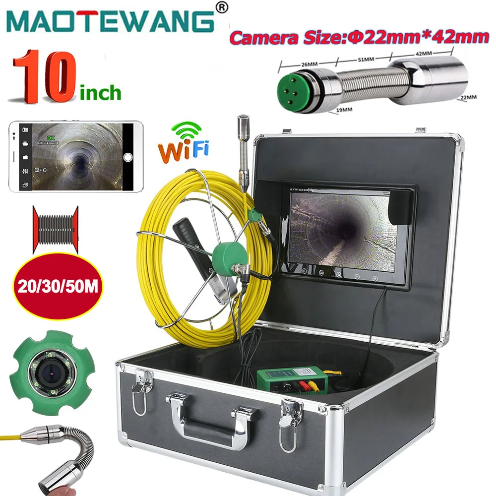 

MAOTEWANG 10" WiFi Wireless 22mm Pipeline Endoscope 1000TVL IP68 Camera Drain Sewer Industrial Pipe Inspection APP Take Record