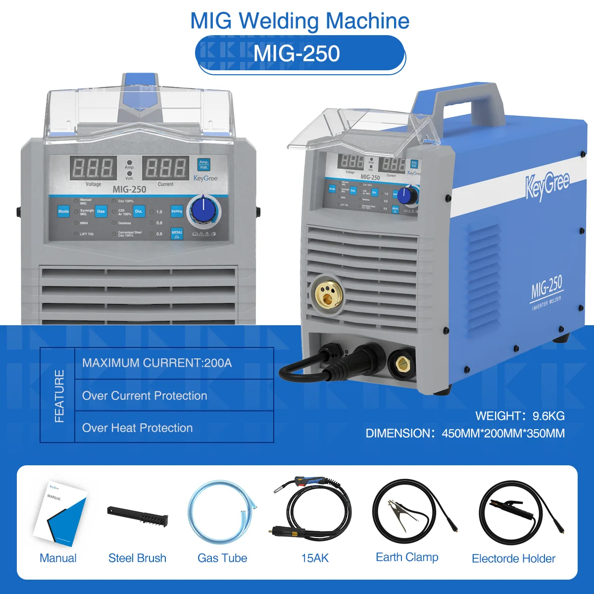

KeyGree 220V MIG250 3in1 Stick/MIG/MMA/LIFT TIG Welder Inverter Welding Machines Household Suitable Gas/No Gas Welding Machine