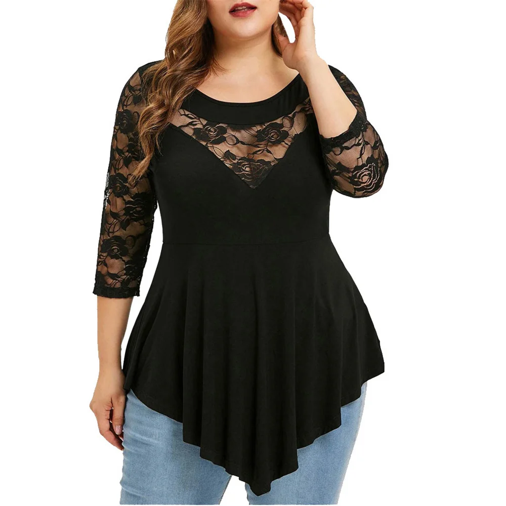 

2022 Fashion Lace Hollow Out Sexy Tunic Blouse Women Clothing Summer Solid Tunic Tops Ladies Three Quarter Irregular Blusas
