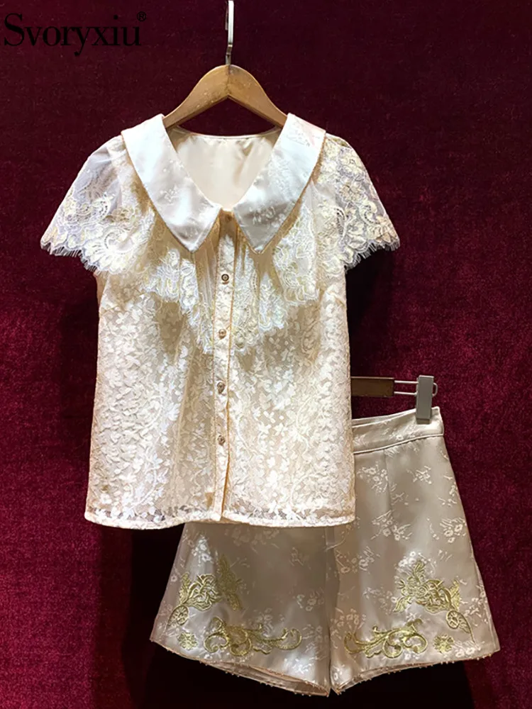 

Svoryxiu Summer Designer Fashion Vintage Champagne Color Shorts Suit Women Turn-down Collar Hollow Out Tops + Embroidery Shorts