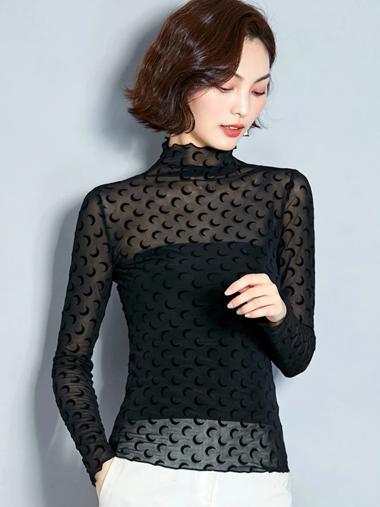 Сетчатая водолазка блузка корейская мода блузки для женщин 2022 рубашка женские