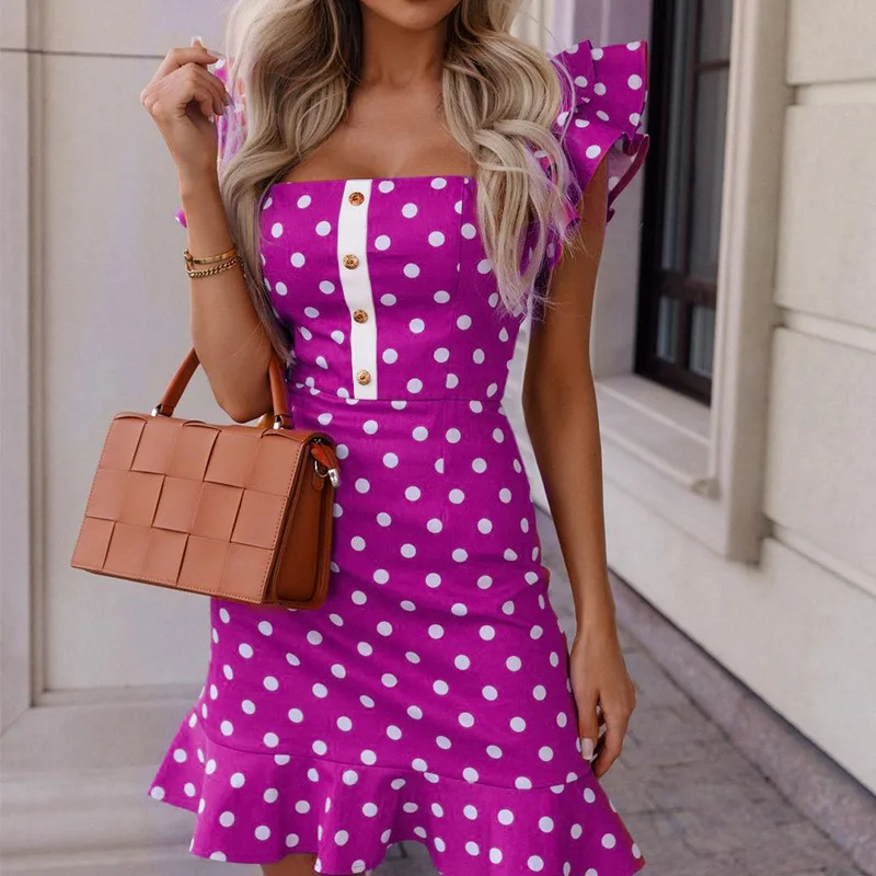 

Women Polka Dot Print Button A-Line Dress Sexy Flying Sleeve Ruffle Slim Party Dress Elegant Square Collar High Waist Mini Dress