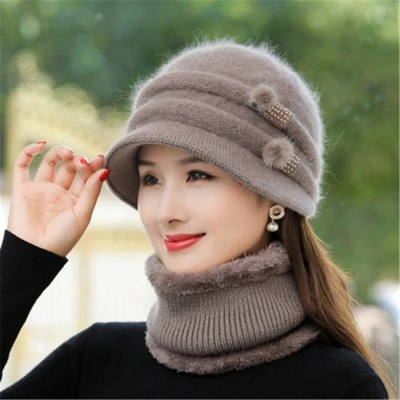 

CNTANG 2022 New Winter Hat Keep Warm Add Fur Lined Cap & Scarf Set Fashion Beanies Hats For Women Casual Rabbit Knitted Caps