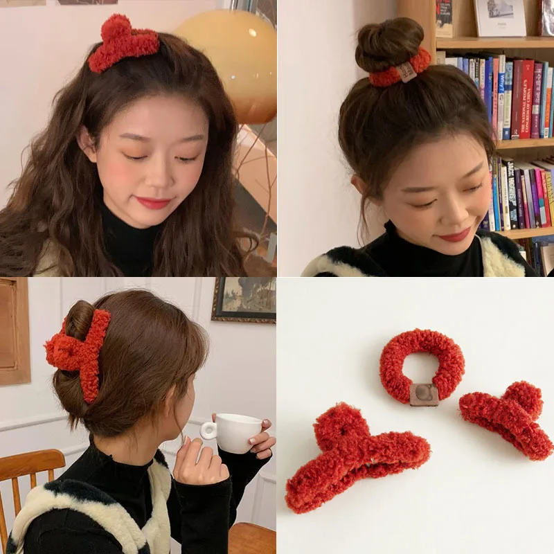 

New Year's Red Hair Accessories For Women Headdress Fashion Sweet Hair Claw Hairgrips Korean Plush Hair Rope Girl Rubber Bands