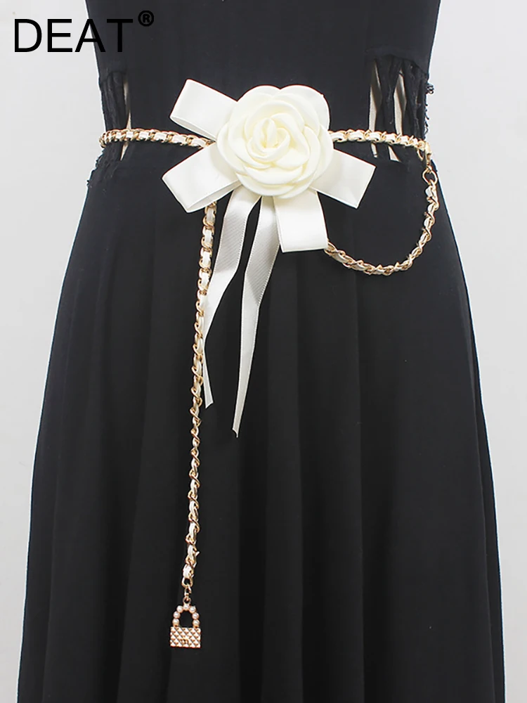 

Женское платье с металлической цепочкой DEAT, платье с регулируемым поясом и 3D цветком, элегантный пояс, лето 2023, новинка 13DB2382