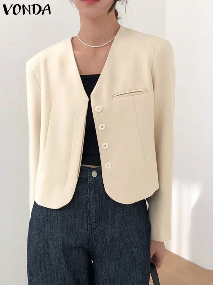 

Женский блейзер, элегантные пальто 2023 VONDA, женские повседневные однотонные пальто с V-образным вырезом и длинным рукавом, сексуальная верхняя одежда, модный Блейзер, мешковатый
