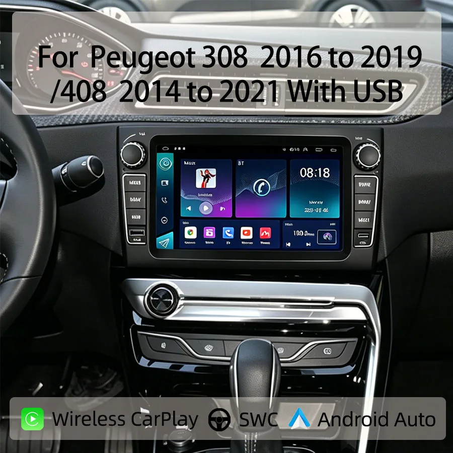 Фото Автомагнитола 1024*600 для Peugeot 308 (2016-2019) / 408 (2014-2021) с USB, CarPlay, Android Auto, GPS, Bluetooth и управлением с руля №1
