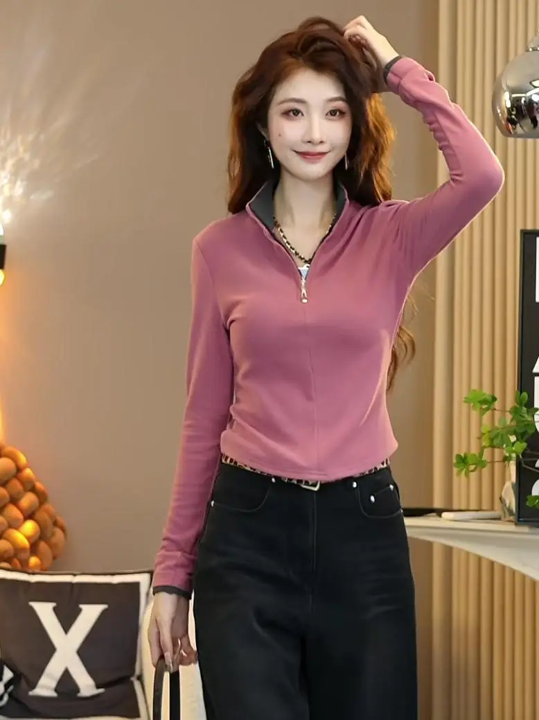 Korean Series Zip-up Half-high Collar Double-sided Plush Contrast Color Knit Women Autumn and Winter New Long sleeve Warm Ela...