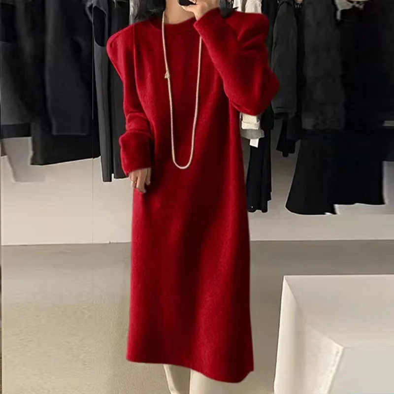 Вязаный свитер однотонное платье средней длины пуловер выше колена вязаный