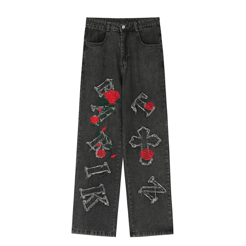 Korean Style Streetwear Rose Cross Embroidered Men Jeans Trousers Y2k Vintage Distressed High Street Loose Straight Denim Pants