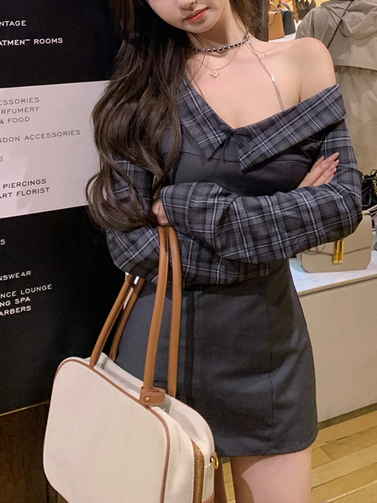 Осеннее сексуальное стильное лоскутное платье из двух частей новая повседневная