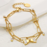 ins style new womens bracelet crystal double gold chain charm bracelet for women bow cuff bracelet stainless steel jewelry