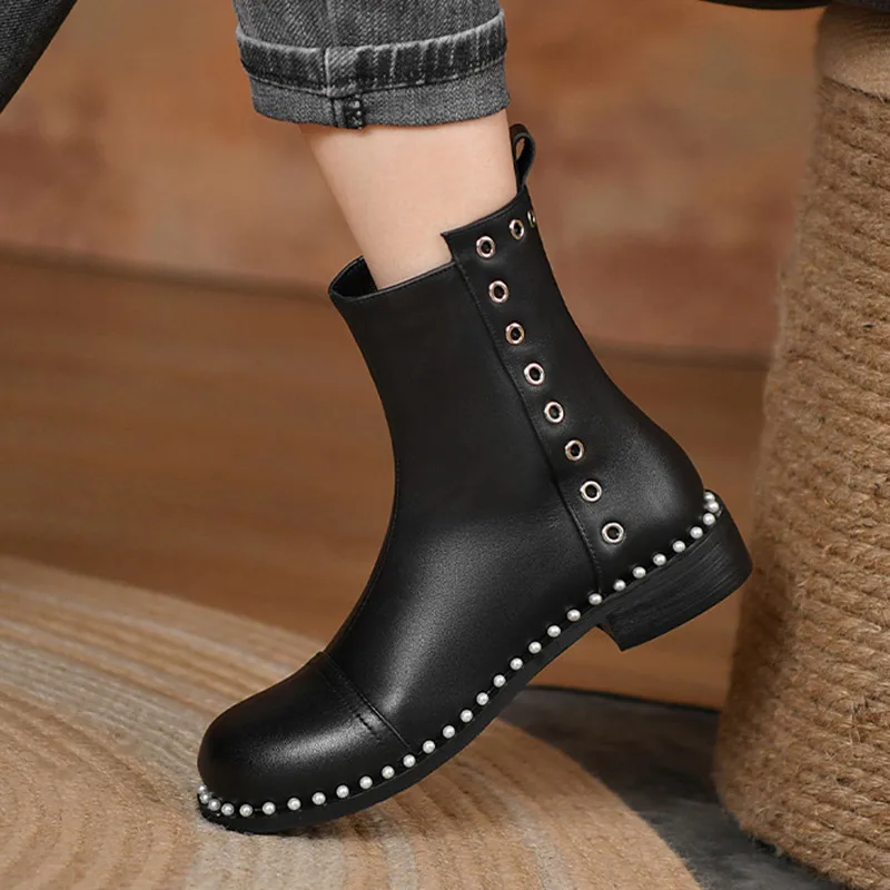 

MKKHOU Fashion Short Boots Women New High-Quality Leather Pearl Comfortable Soft Bottom Low-Heeled Flat Boots All-match Neutral