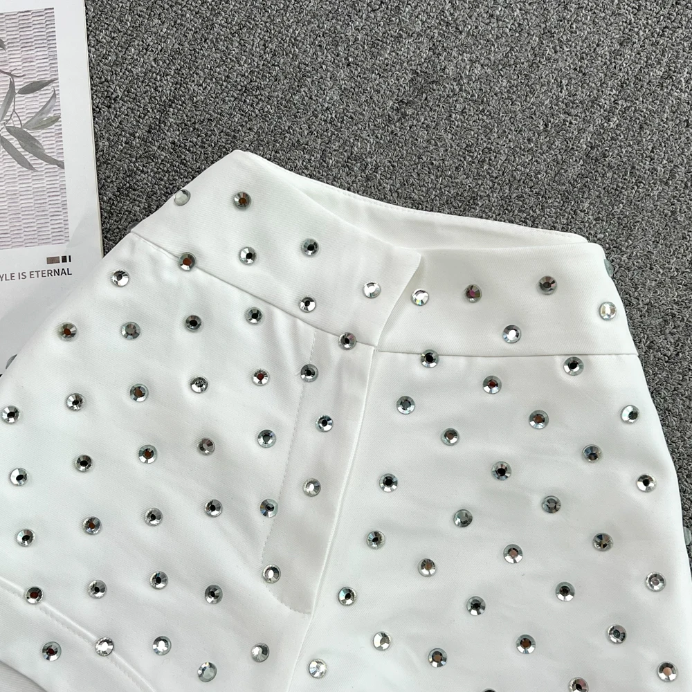 2023 Summer New Solid Color High Waist Shorts Exquisite Rhinestone Loose Casual Shorts for Women Fashion Fashion A- Line Shorts