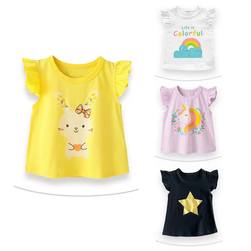 

Детская футболка, летняя одежда для девочек, топ с коротким рукавом с оборками и принтом из мультфильмов, кружевная одежда с круглым вырезом...