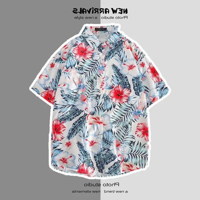 

HOUZHOU Vintage Floral Shirt Men Men's Short Sleeve Shirts Male Hawaiian Harajuku Hip Hop Men's Printed Shirt with Print Beach