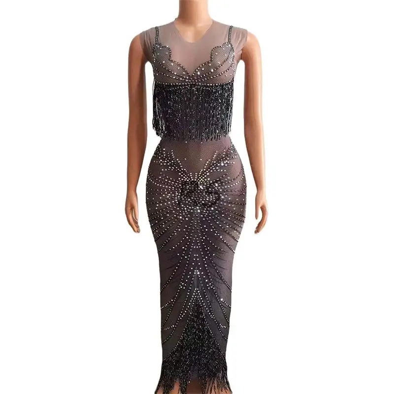 

Женское сексуальное блестящее длинное прозрачное платье с Черной Бахромой