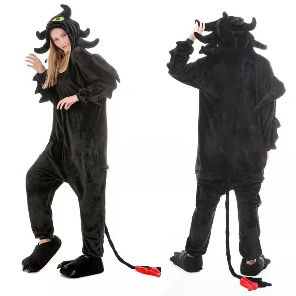 Anime Black Dragon Costume Kigurumi Onesies Pijimas Animal Winter Flannel Pajamas Unisex Adults Halloween Party Costume Jumpsuit