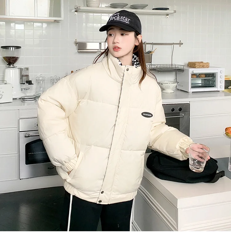 2023 Winter Short Puffer Parkas Stand Collar Plaid Bread Padded Jacket Women's Thick Loose Down Cotton Coat Zipper Warm Outwear