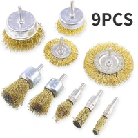 9pcs wire wheel brush shank brass coated wire brush set for removal metal polishing wheel rotary tool accessories