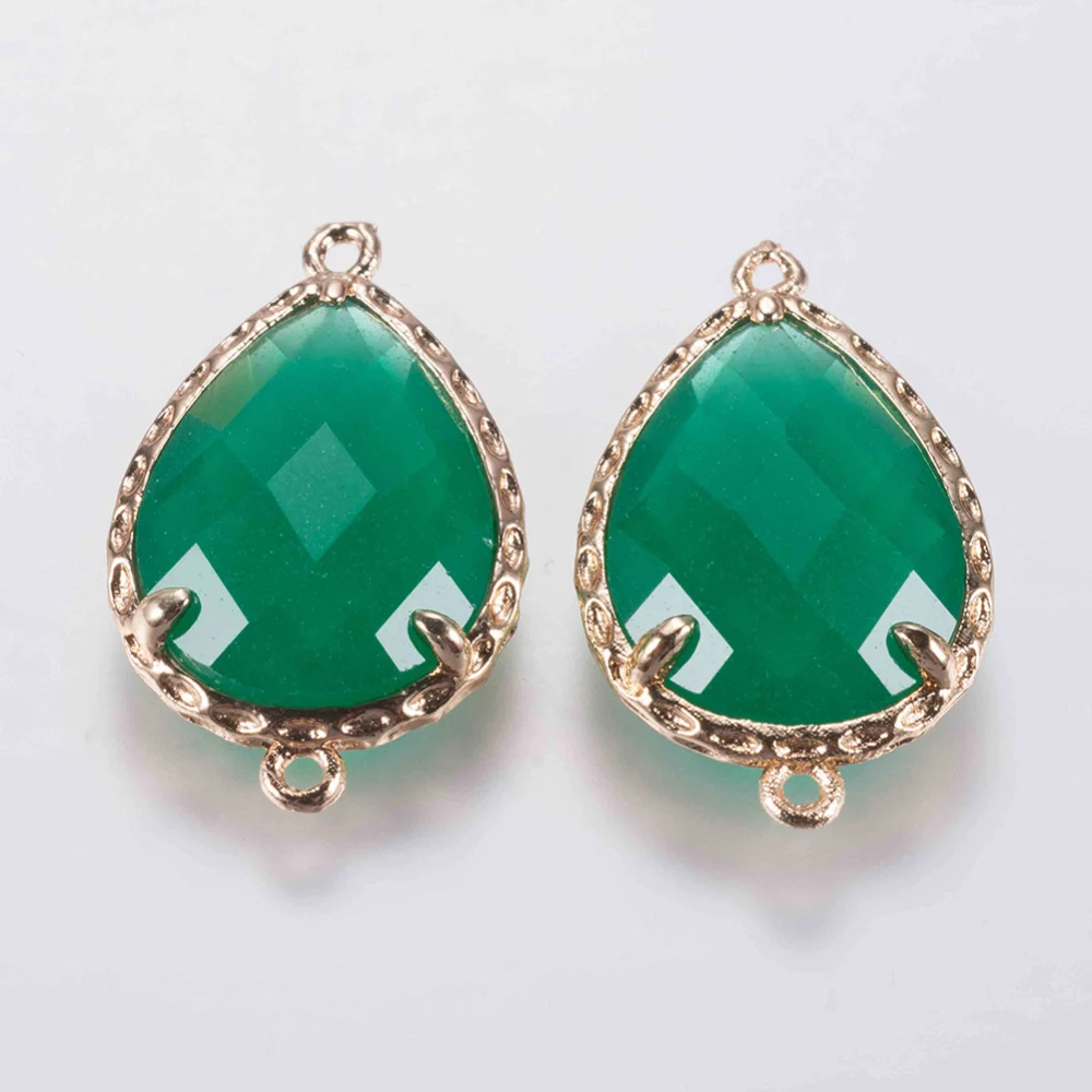 

5PCS Glass Links Connectors with Brass Finding Faceted Teardrop Golden Green 23.5x14.5x5mm Hole: 0.8mm