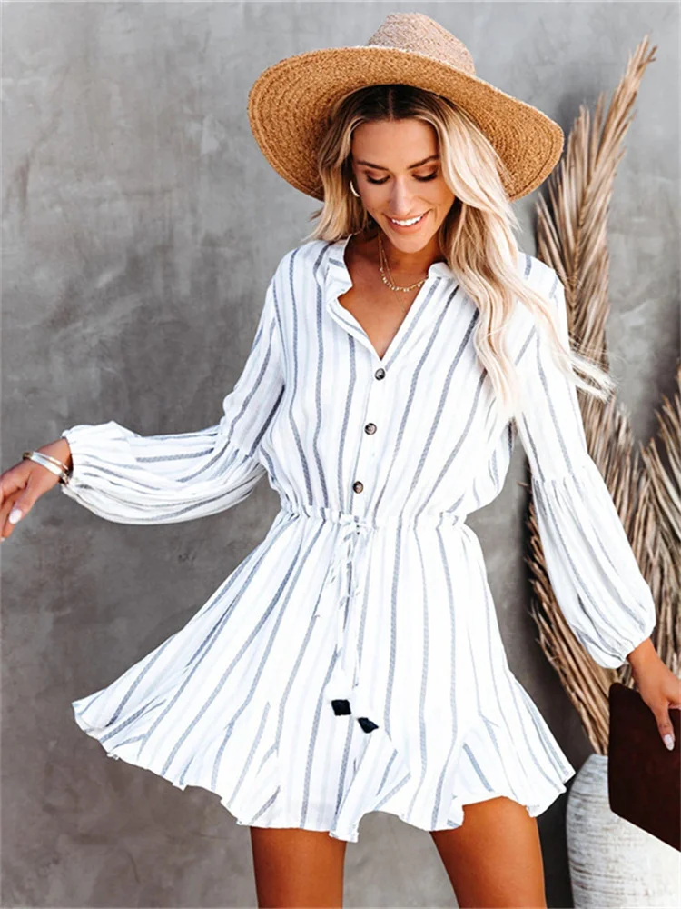 

Vintage Fashion Waist Long Sleeve V-neck Dress Harajuku Casual Temperament Commuter Striped Dress 2022 New Women's Mini Dresses