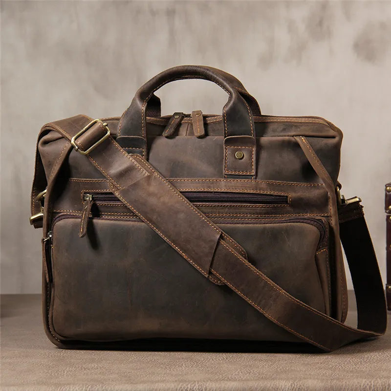 Vintage designed natural genuine leather men's briefcase fashion luxury crazy horse cowhide work computer shoulder crossbody bag
