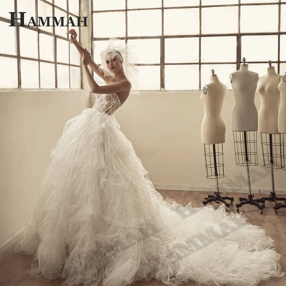 

HAMMAH Fashionable Illusion Wedding Gowns For Women Ruffles Sleeveless Brush Train Zipper Appliques Robes De Mariée Pour Femmes