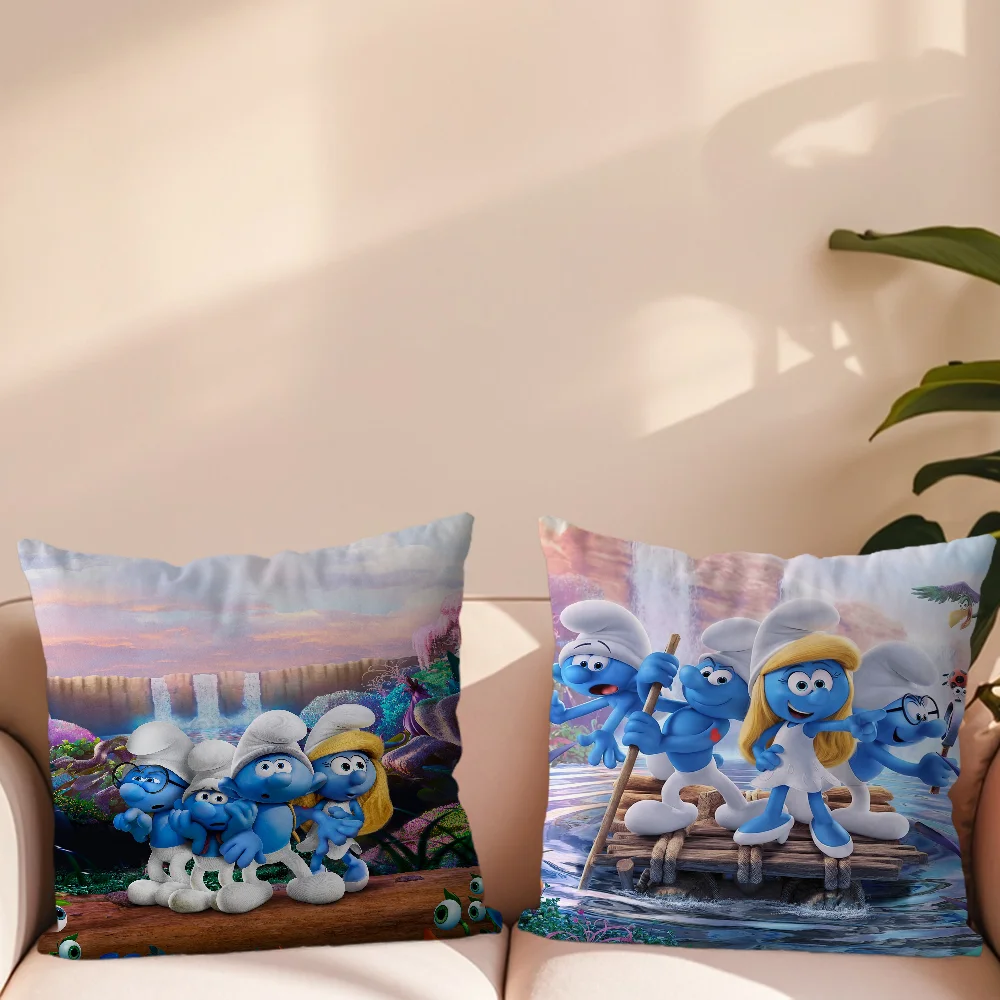 Classic Cartoon Blue Pillow Case Sofa Living Room Bedroom Headboard Backrest Cushion Square The S-Smurfs Nap Time