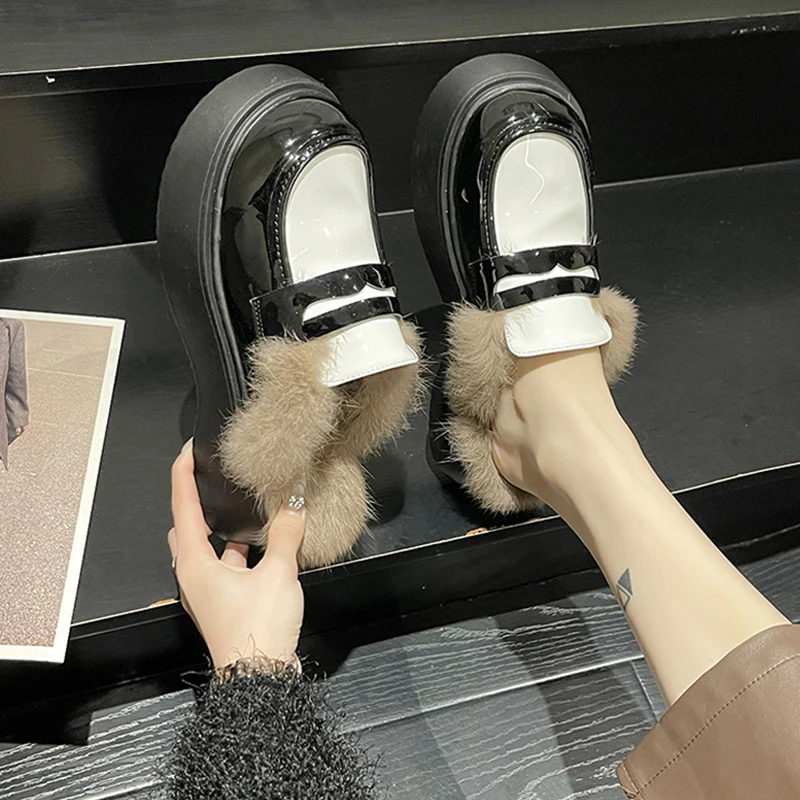 

Shoes Woman's Slippers Med Female Mule Luxury Slides Cover Toe Platform Winter Footwear On A Wedge Fur Flip Flops 2022 Mules Des