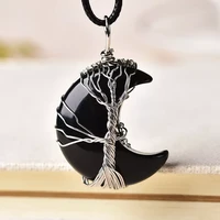 1pc natural crystal pendant tree of life moon shape reiki polished mineral jewelry healing stone for men women jewelry gift
